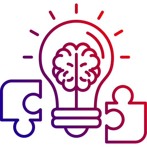 Light bulb with a brain inside symbolizing an idea, flanked by two puzzle pieces.