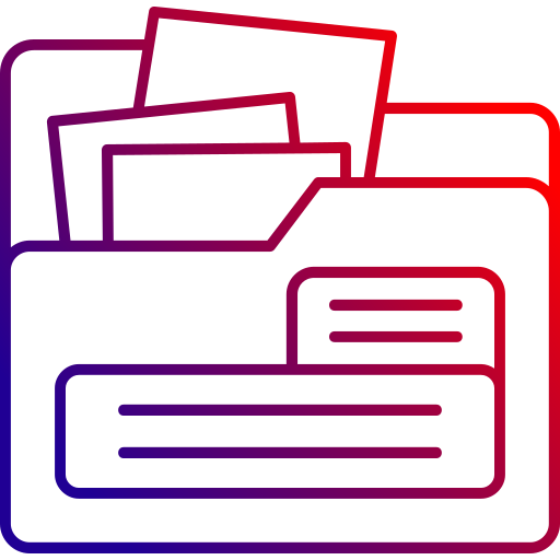 Colorful outline icon of a folder containing multiple documents and a label tag.