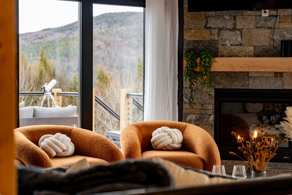 Cozy living room with two brown armchairs featuring white knot pillows, a stone fireplace with hanging plants, and large windows showing a mountain view.
