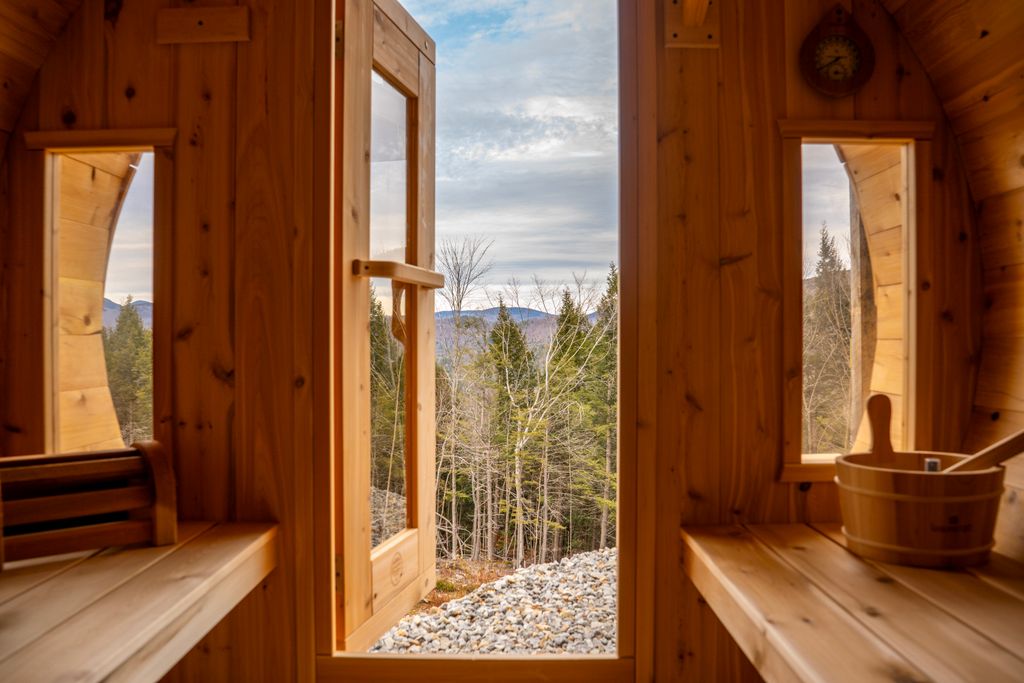 View from inside a wooden sauna looking out through open glass door at rocky ground, bare trees, and distant forested hills under a cloudy sky.