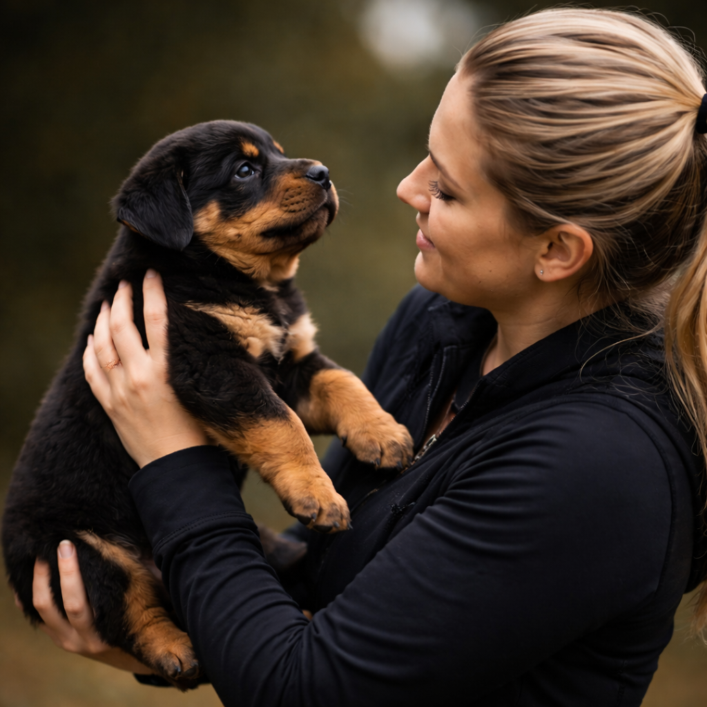 Woman closely observing a young Rottweiler puppy during temperament evaluation and guided selection.