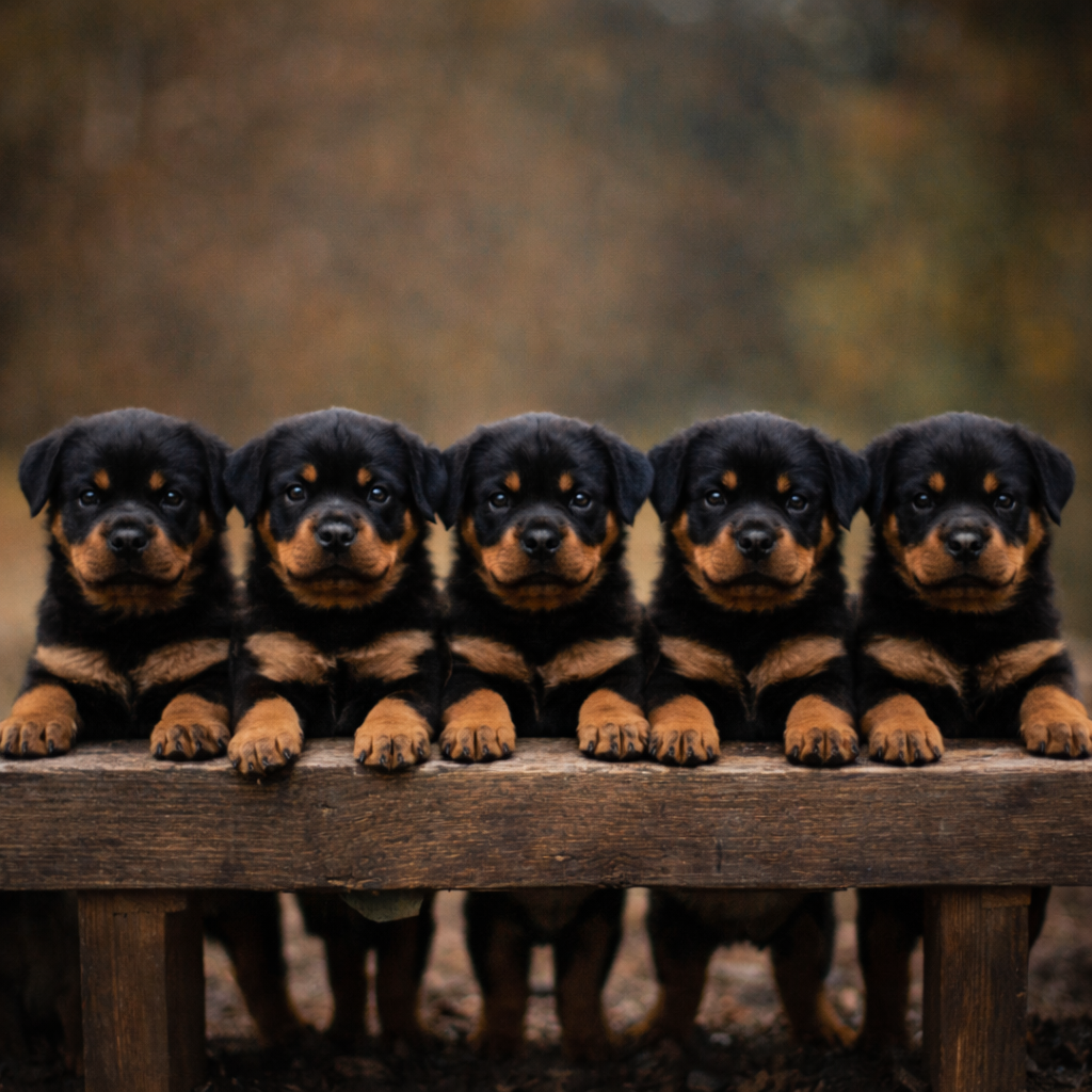 Row of five Rottweiler puppies representing litter placement order and structured reservation priority.