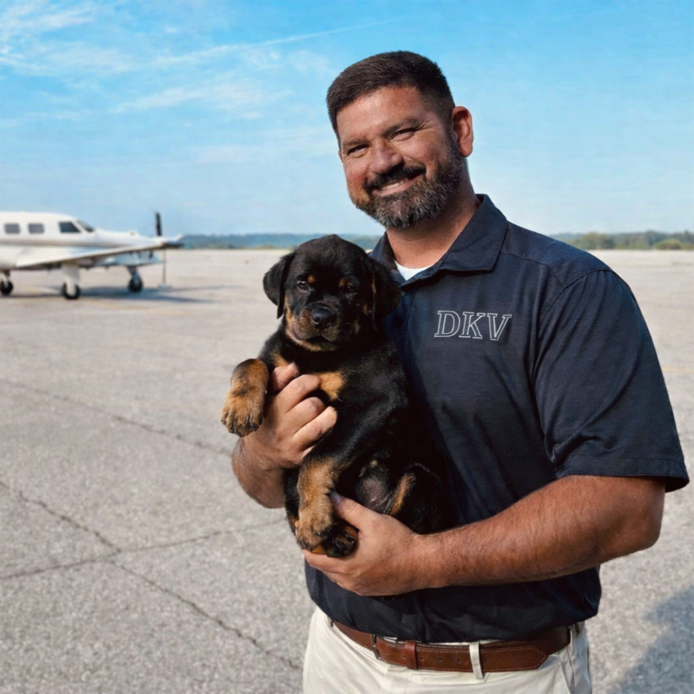 DKV Rottweilers nationwide puppy delivery at private airport with breeder Angel Gutierrez
