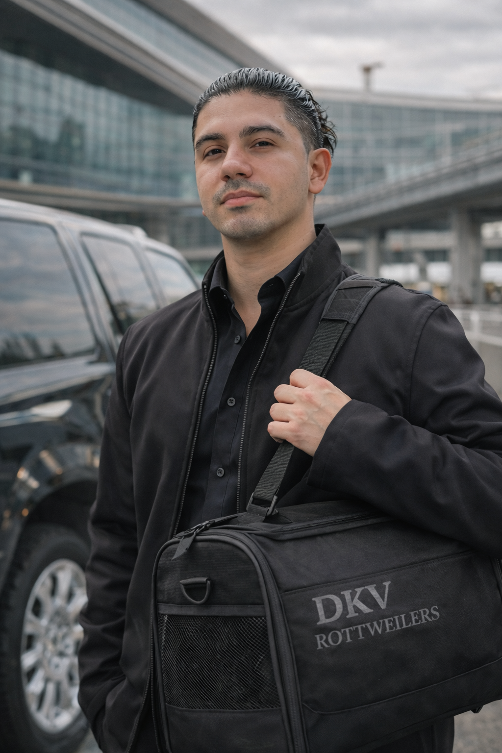 DKV Rottweilers delivery specialist transporting a Rottweiler puppy in-cabin at an airport for nationwide placement.