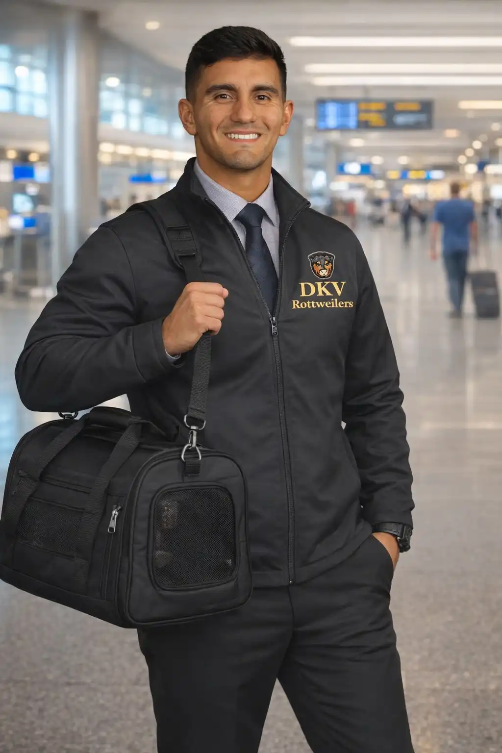 Commercial airline puppy delivery for DKV Rottweilers, ensuring safe in-cabin transport of a German Rottweiler puppy.