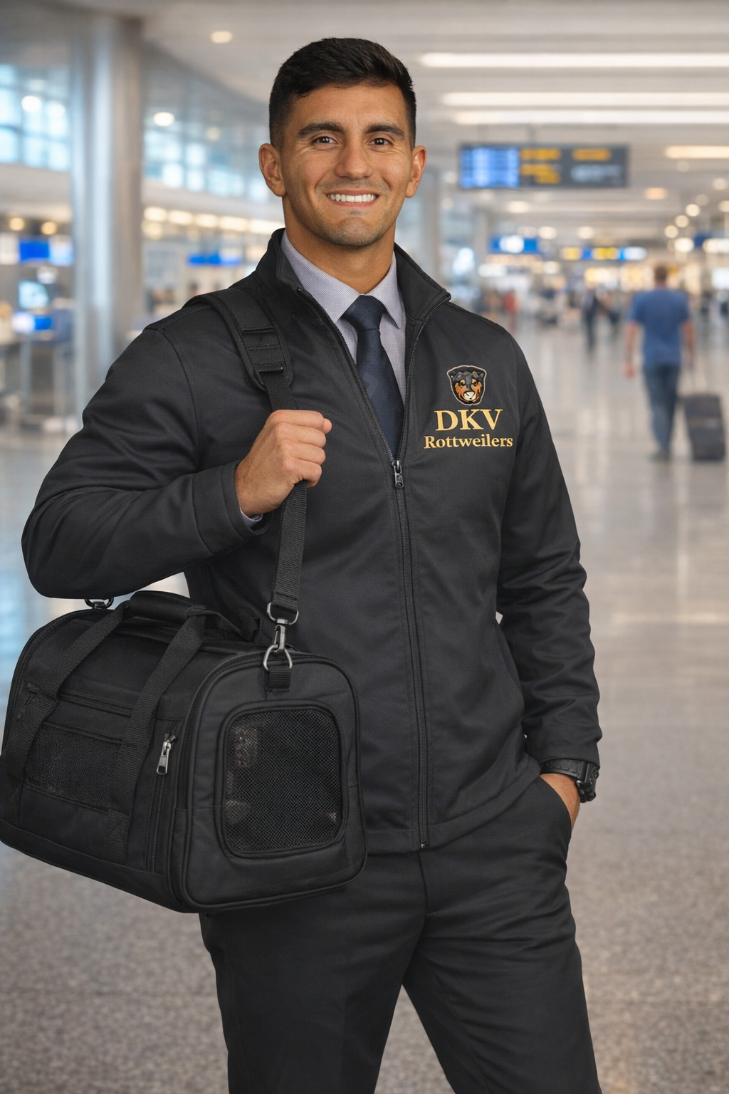 Commercial airline puppy delivery for DKV Rottweilers, ensuring safe in-cabin transport of a German Rottweiler puppy.