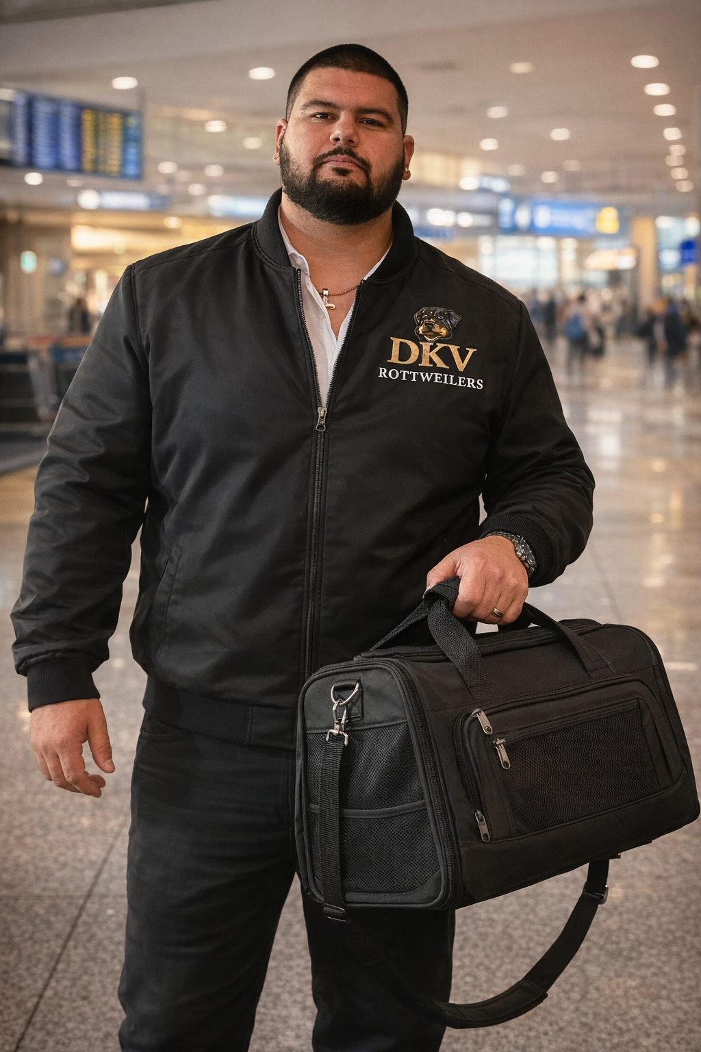 DKV Rottweilers in-cabin puppy delivery specialist coordinating professional airport handoff for a new Rottweiler owner.