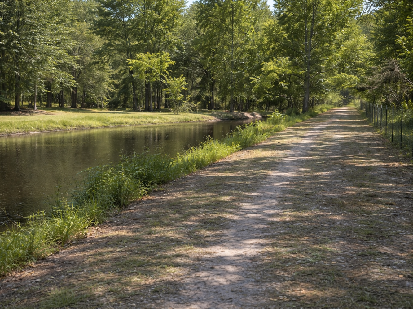 DKV Legacy property grounds featuring pond, path, and open acreage