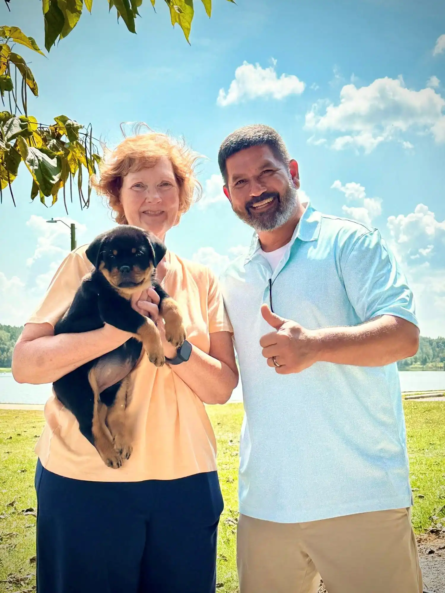 DKV Rottweilers customer receiving German Rottweiler puppy from Angel, showcasing trusted breeder relationship, successful placement, and premium Rottweiler puppies for sale program