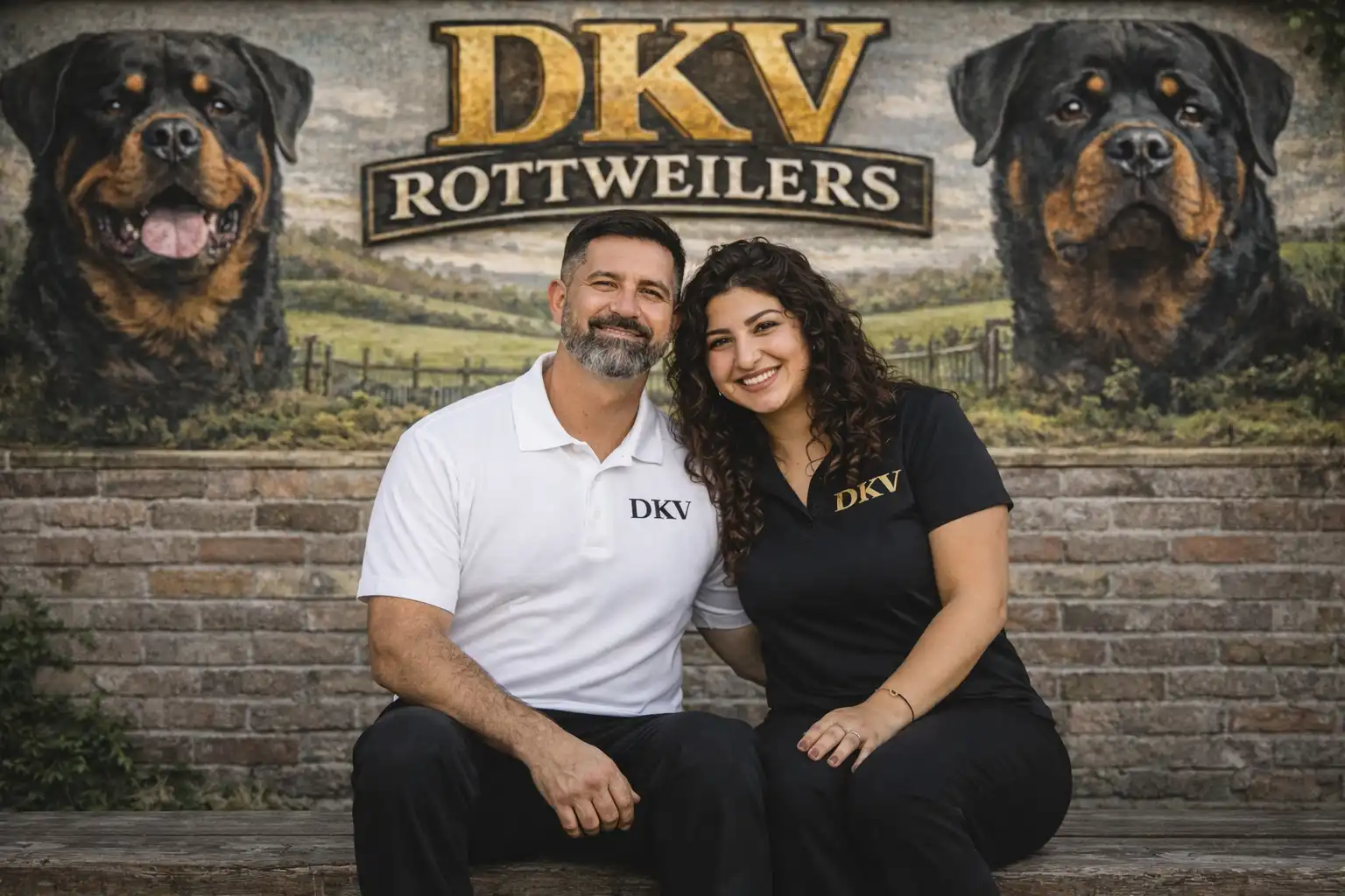 DKV Rottweilers breeders Angel and Liz sitting together in front of DKV Rottweilers mural with German Rottweilers, representing trusted nationwide Rottweiler breeder program