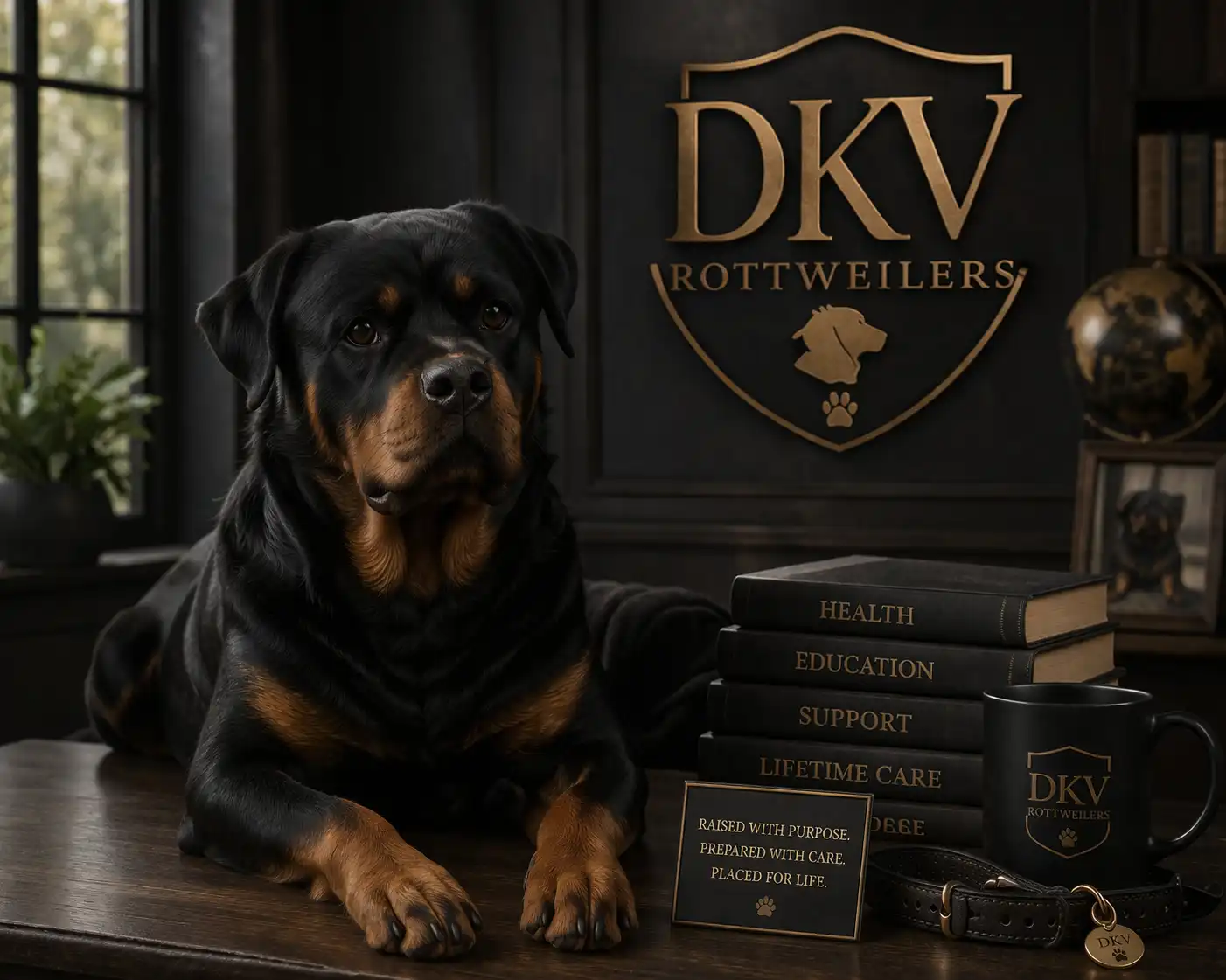one image of an adult DKV Rottweiler male standing sideways showing correct breed structure at a dog show