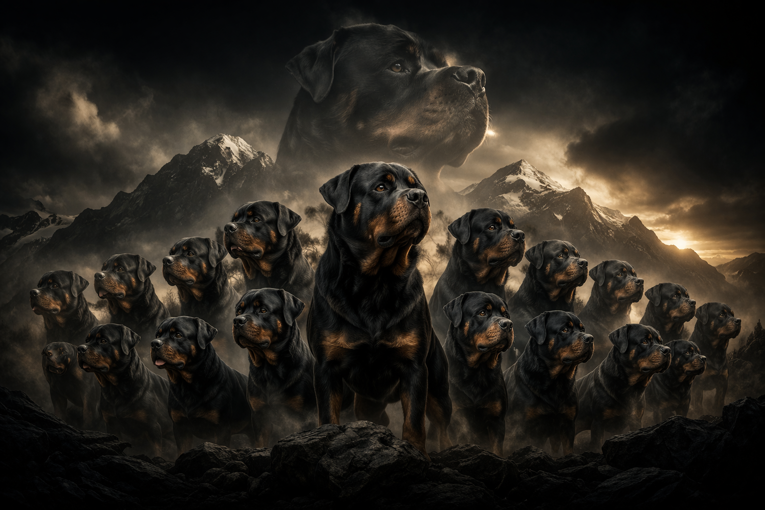 one image of an adult DKV Rottweiler male standing sideways showing correct breed structure at a dog show