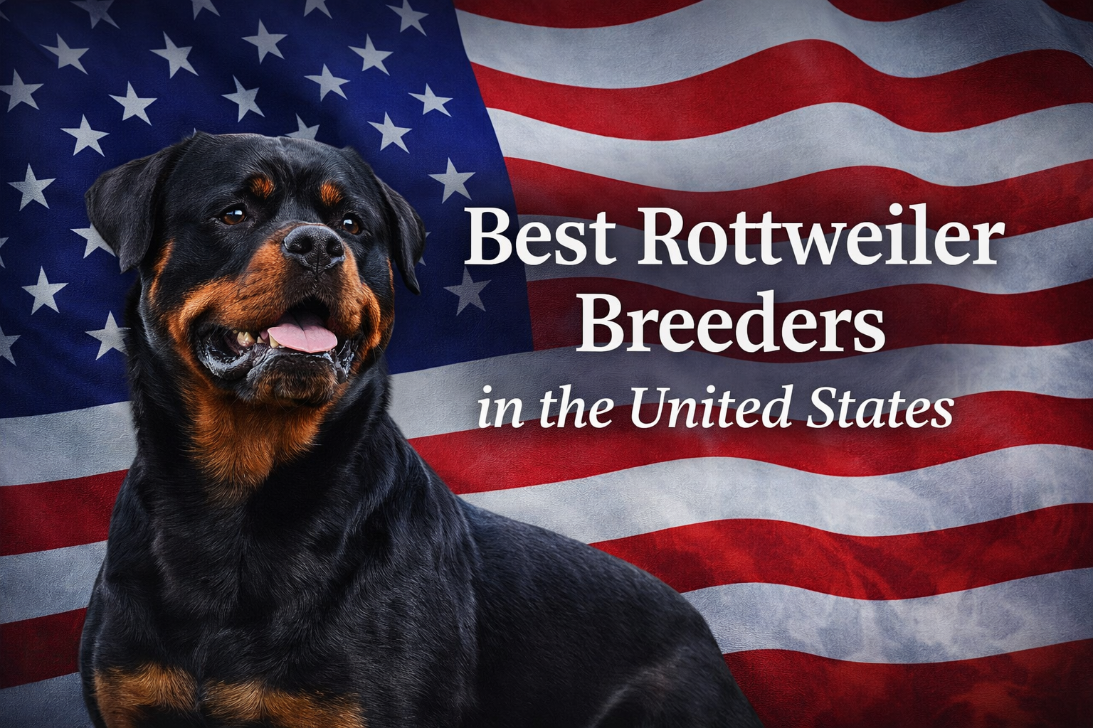 Rottweiler dog in front of American flag representing the best Rottweiler breeders in the United States