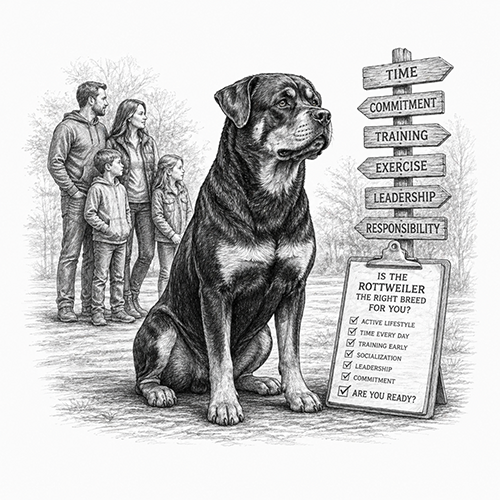 Understanding Rottweiler Temperament German Rottweiler illustration representing temperament traits including stability, confidence, guarding instinct, and environmental neutrality