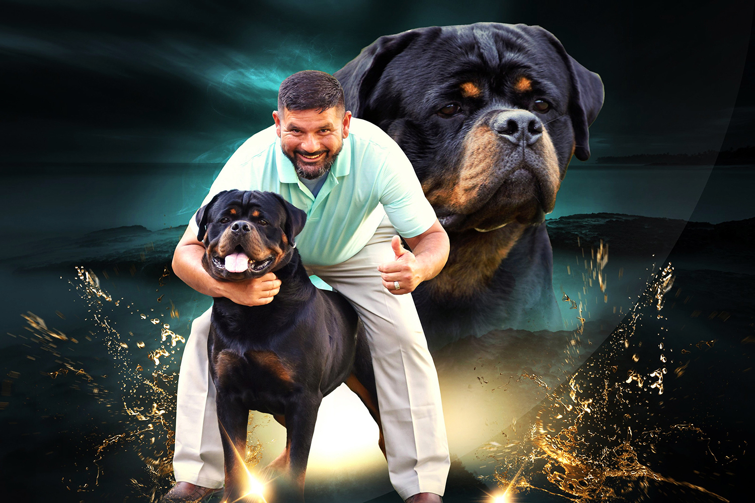 DKV Rottweilers breeder posing with powerful German Rottweiler showcasing elite bloodlines, strong structure, confident temperament, and premium Rottweiler puppies for sale program in the USA