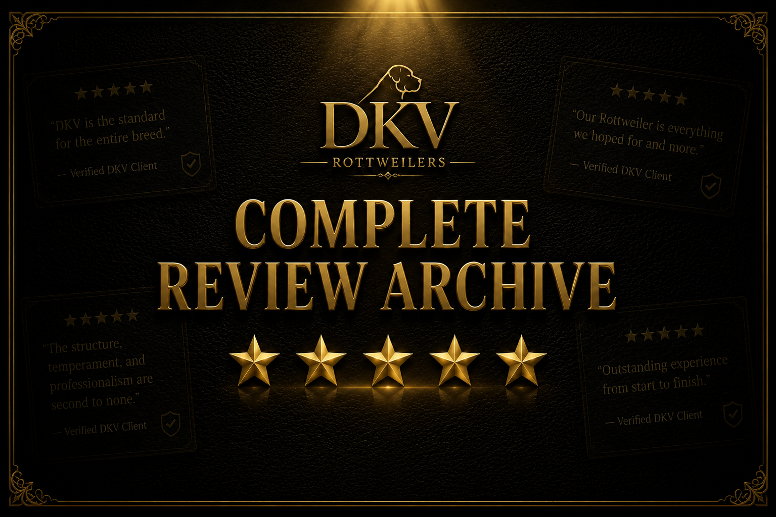DKV Rottweilers complete review archive featuring verified Rottweiler breeder reviews, customer testimonials, and 5-star experiences from families across the United States.