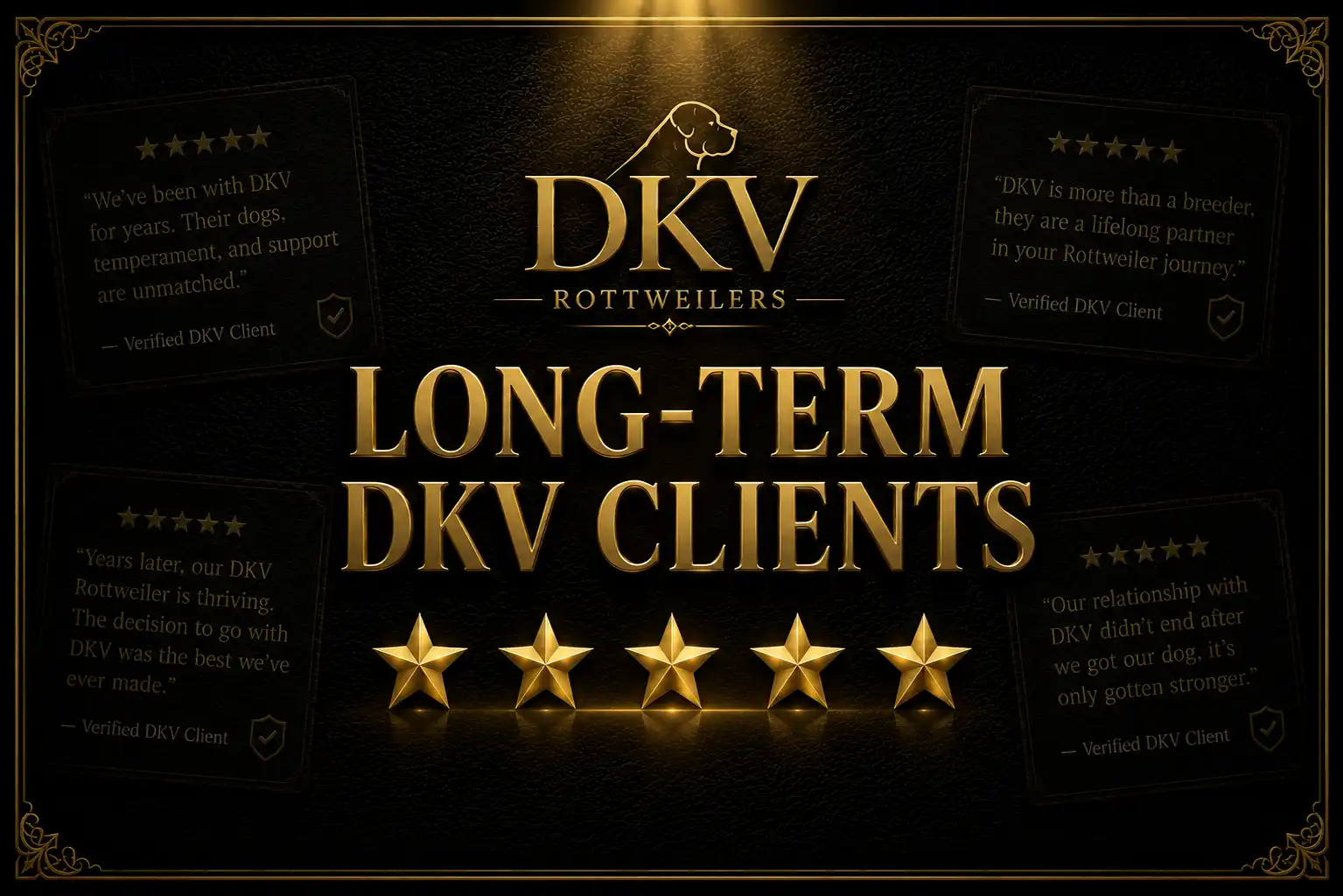 Long-term DKV Rottweilers clients sharing verified reviews and testimonials about their German Rottweilers, highlighting temperament, structure, health, and breeder support over many years.