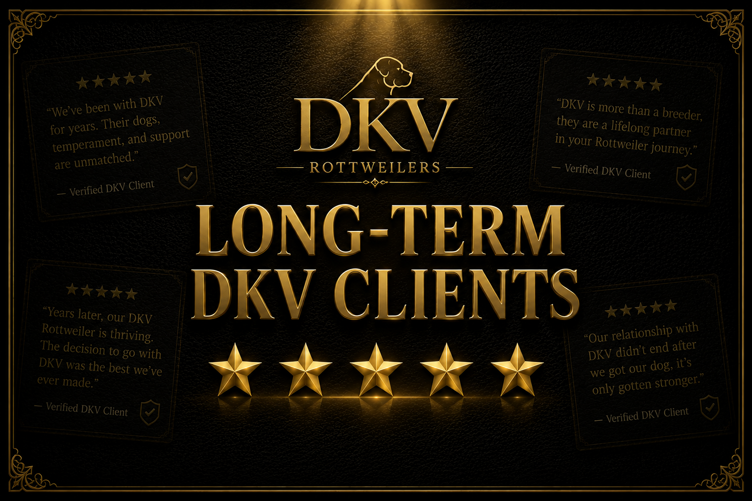 Long-term DKV Rottweilers clients sharing verified reviews and testimonials about their German Rottweilers, highlighting temperament, structure, health, and breeder support over many years.