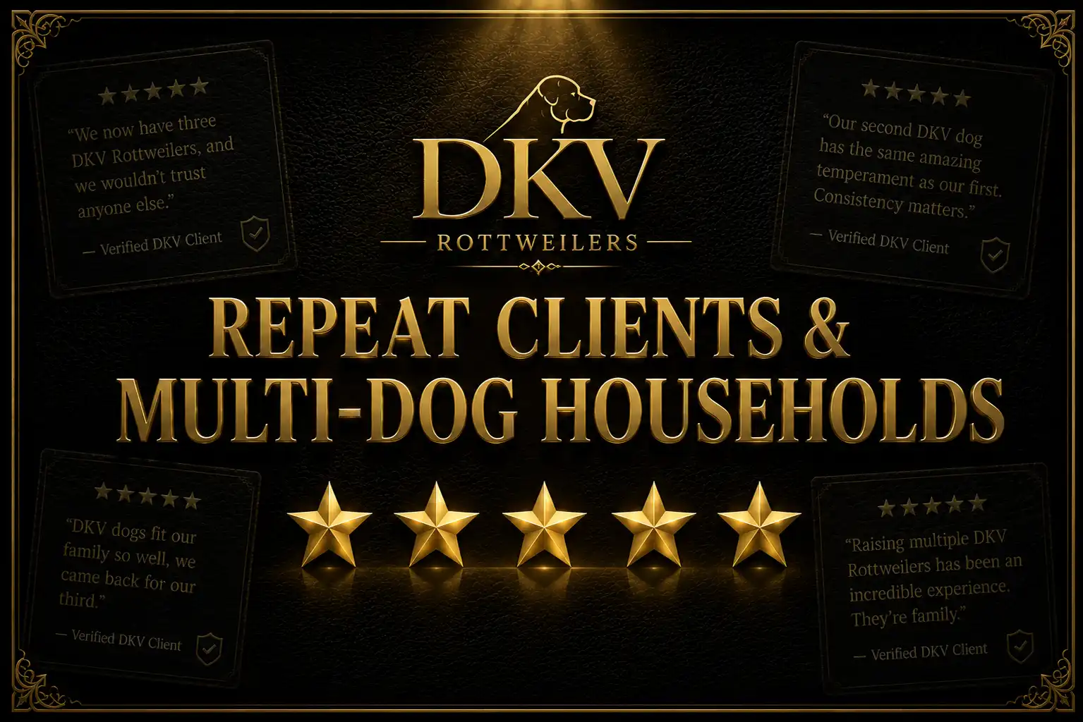 Repeat DKV Rottweilers clients and multi-dog households providing verified 5-star reviews after purchasing multiple German Rottweiler puppies from the DKV breeding program.