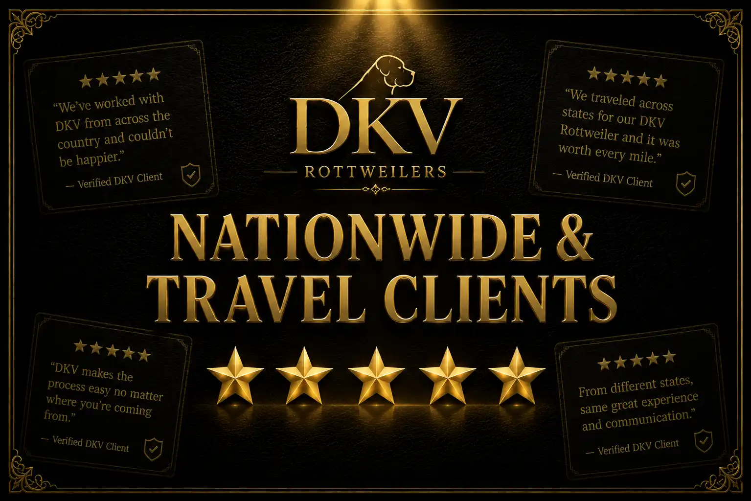 Nationwide DKV Rottweilers clients and traveling families sharing verified reviews after purchasing German Rottweiler puppies through DKV's nationwide placement and delivery program.