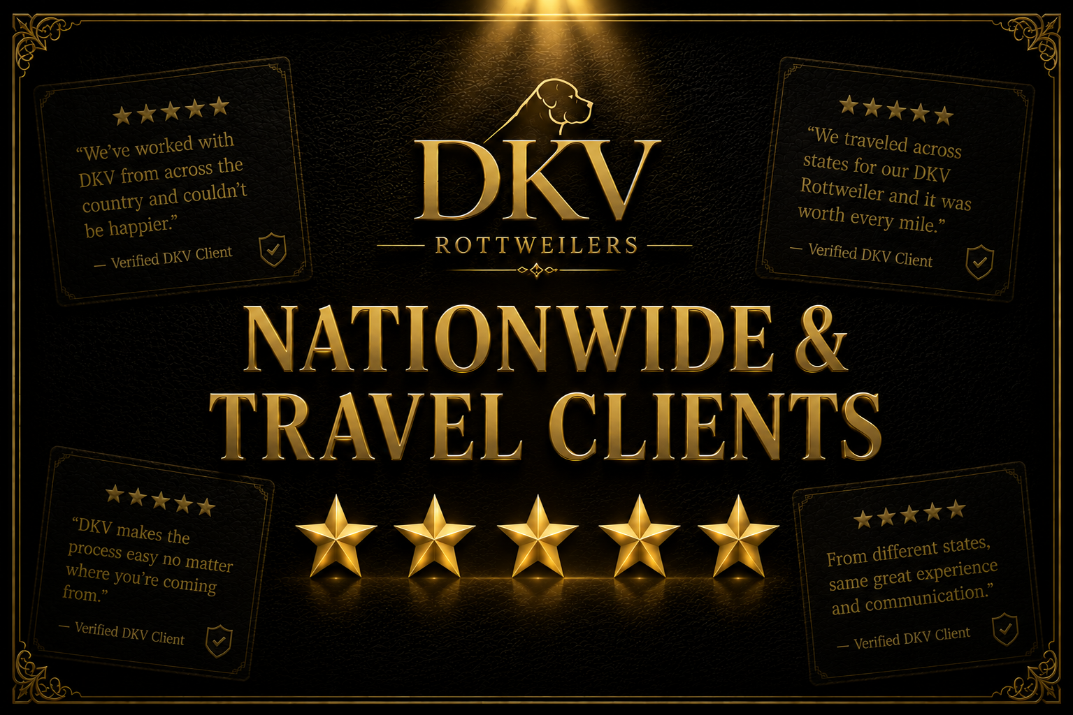 Nationwide DKV Rottweilers clients and traveling families sharing verified reviews after purchasing German Rottweiler puppies through DKV's nationwide placement and delivery program.