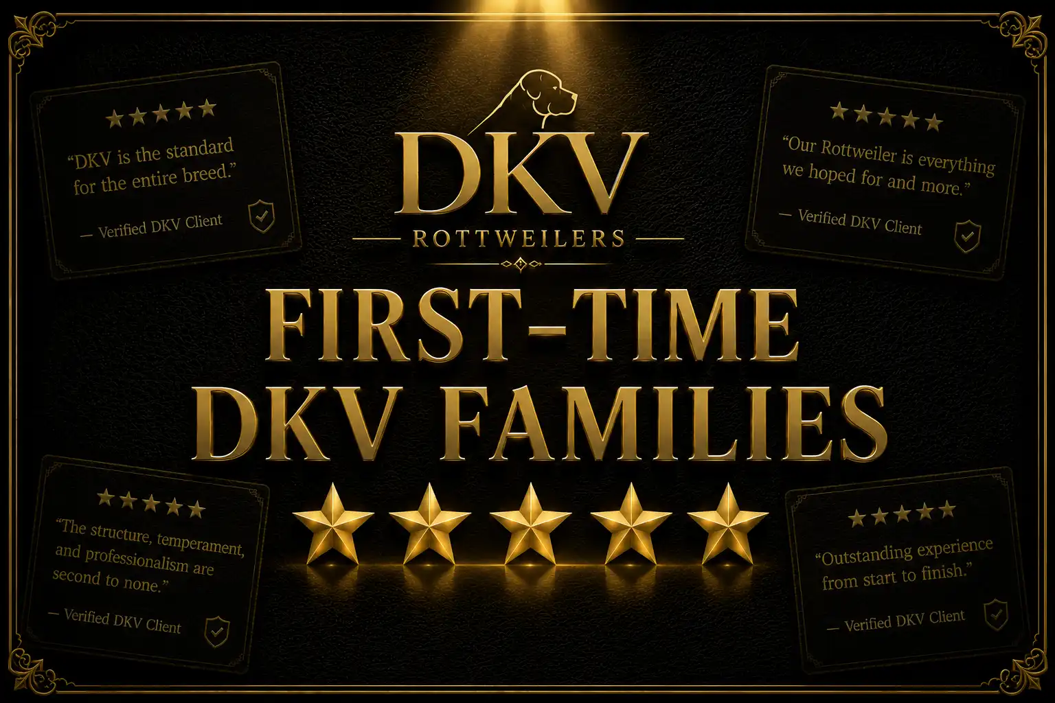 First-time DKV Rottweilers families sharing verified customer reviews and testimonials about their experience purchasing a German Rottweiler puppy from a trusted Rottweiler breeder.