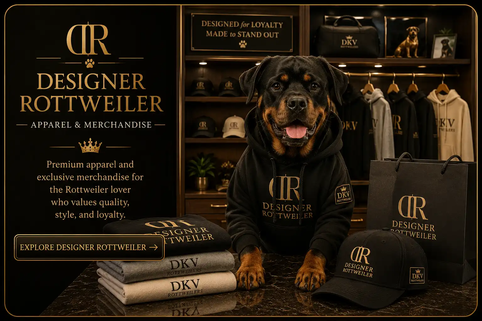 Designer Rottweiler premium Rottweiler apparel, Rottweiler clothing, dog owner merchandise, hoodies, hats, gifts and exclusive DKV Rottweilers apparel collection