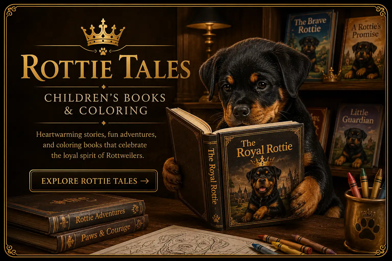 Rottie Tales printable Rottweiler story books and coloring books featuring children's dog books, puppy adventures, and educational family stories by DKV Rottweilers
