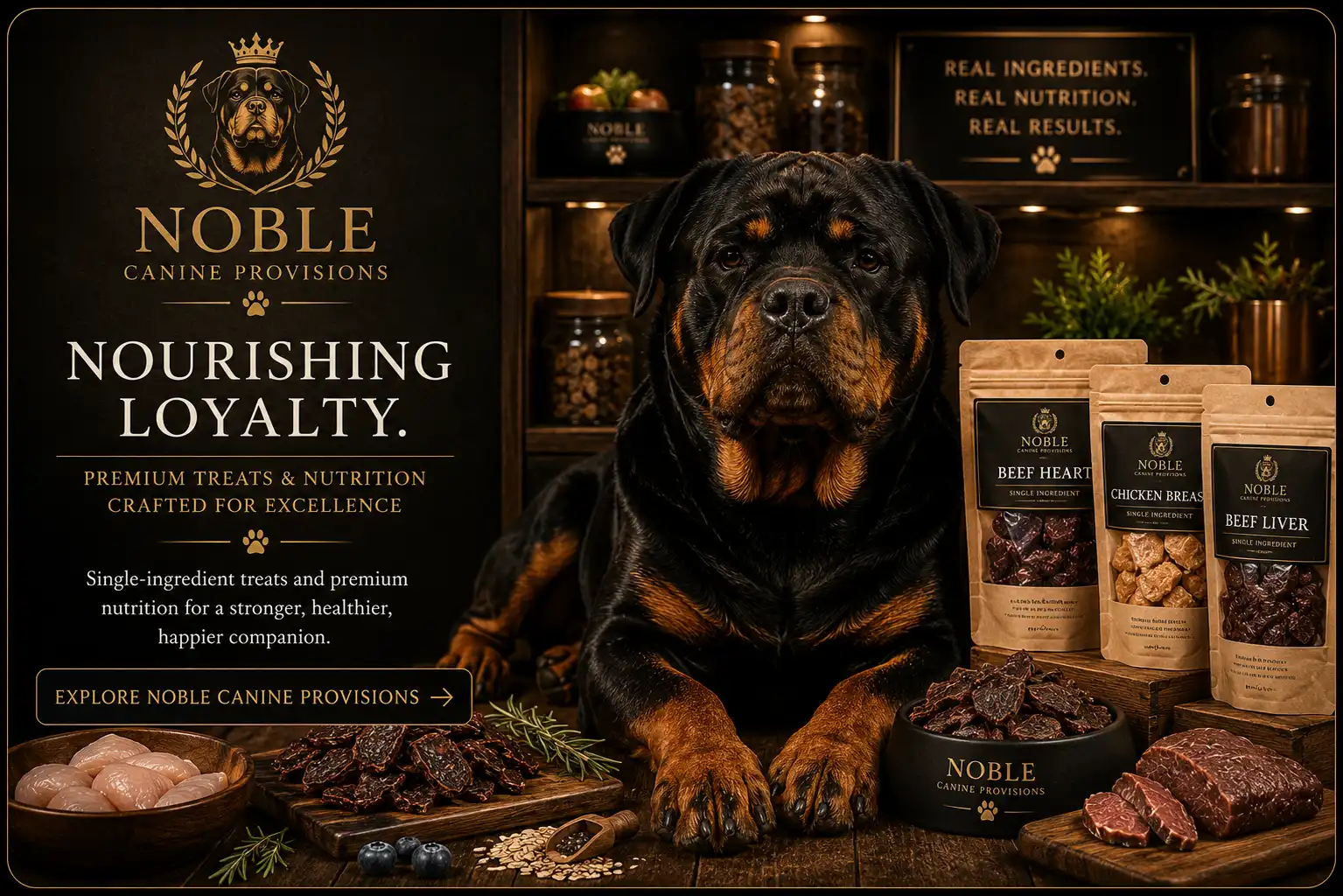 Noble Canine Provisions premium single-ingredient dehydrated dog treats, natural dog chews and healthy dog snacks by DKV Rottweilers