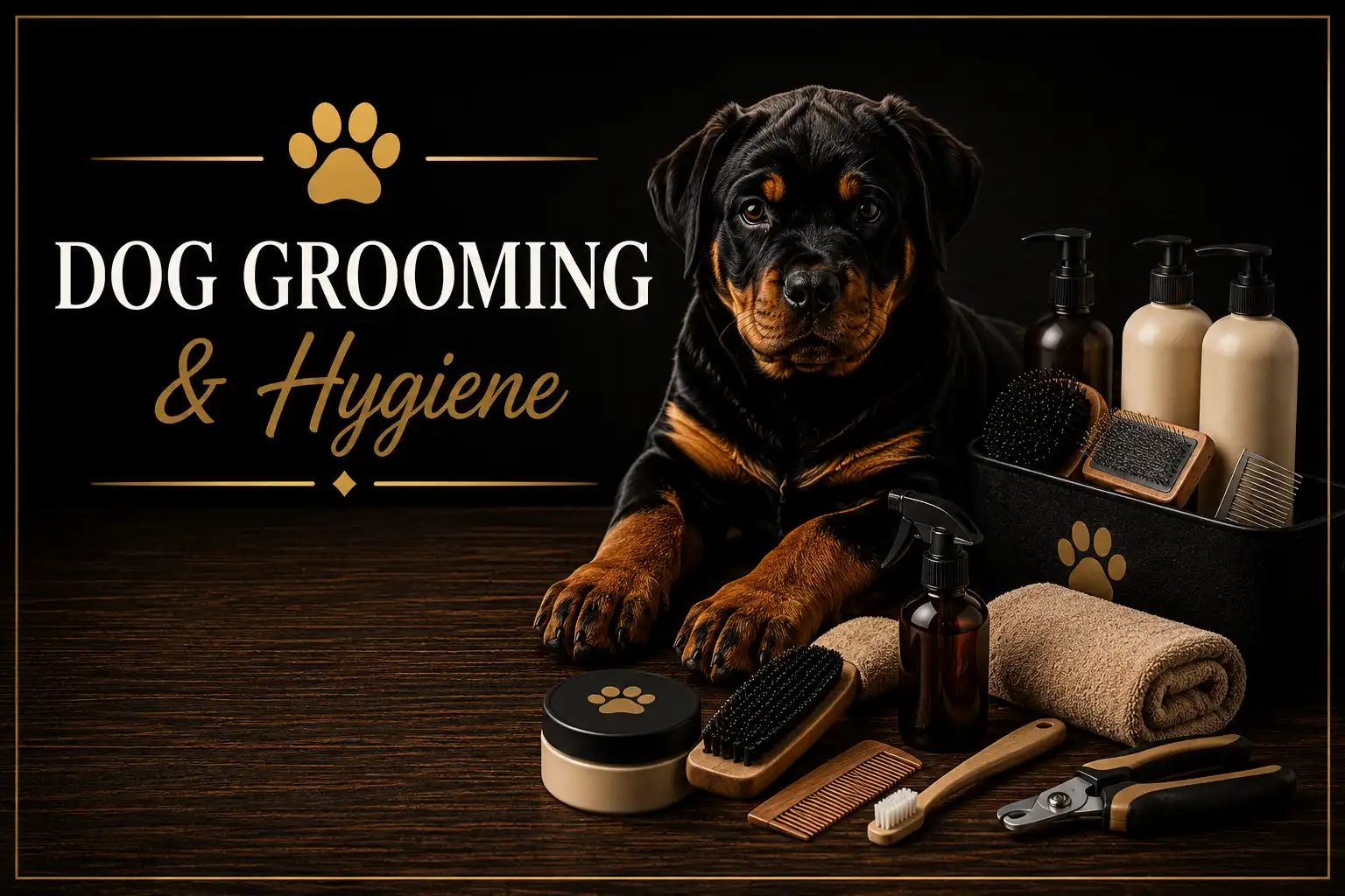 Rottweiler grooming supplies including deshedding tools, shampoo, conditioner, nail care and coat maintenance products recommended by DKV Rottweilers