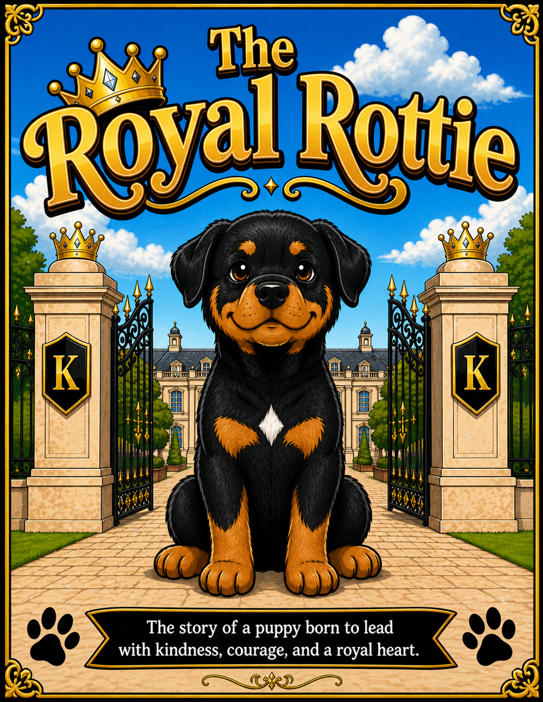 The Royal Rottie printable Rottweiler story and coloring book for children featuring King the Rottweiler puppy by Rottie Tales and DKV Rottweilers