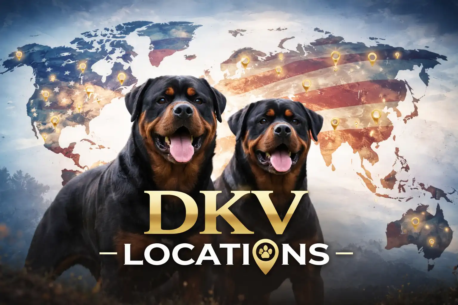 DKV Rottweilers nationwide delivery and pickup locations map featuring German Rottweilers, highlighting nationwide availability of premium Rottweiler puppies for sale across the United States and international placement program