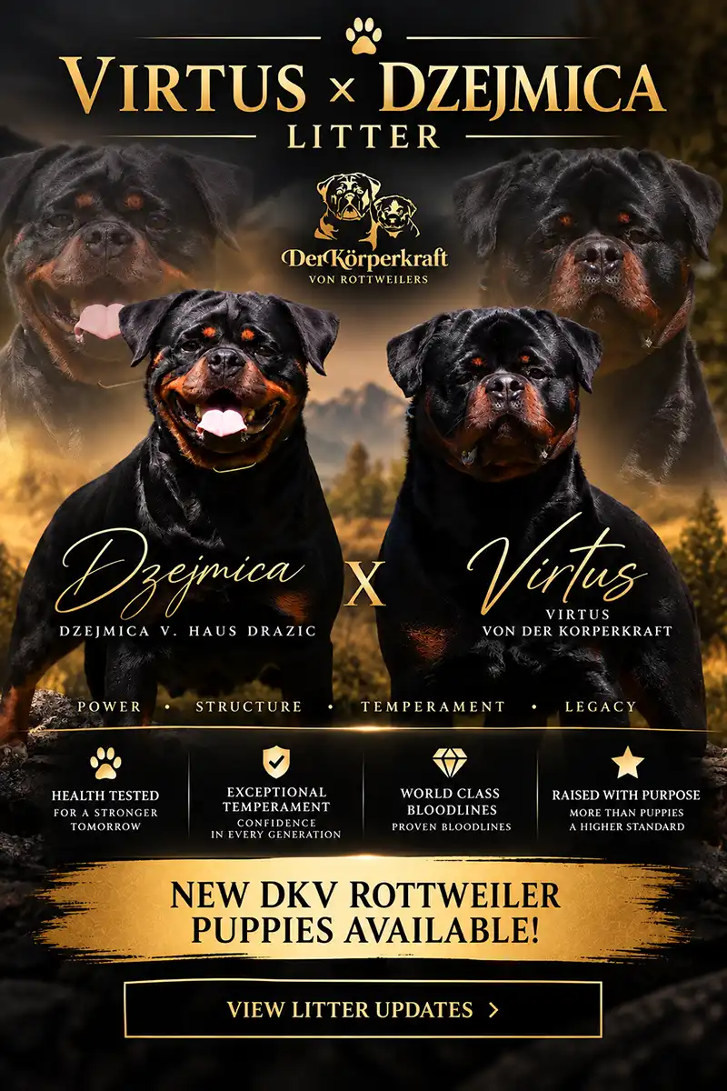 Adult German Rottweiler from the DKV Rottweilers breeding program, producing German Rottweiler puppies for sale from proven European bloodlines.