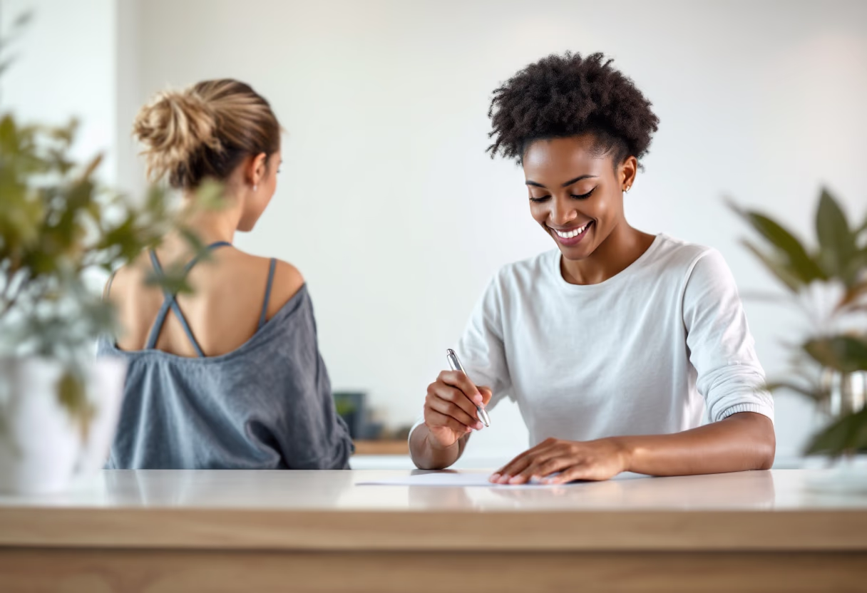 customer signing up at yoga studio counter