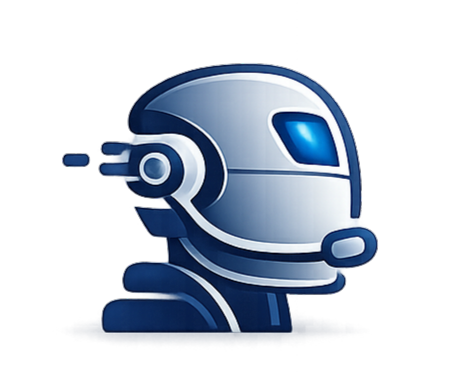 Stylized blue and silver robot head with a headset, facing right on a transparent background.