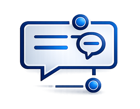 Blue and white stylized speech bubbles symbol representing messaging or communication.