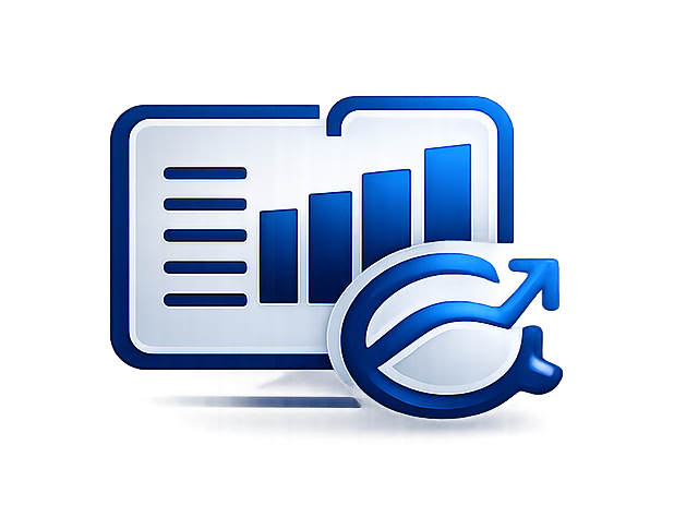 Blue and white icon showing a bar chart on a screen with an upward trending arrow encircling the bottom right corner.
