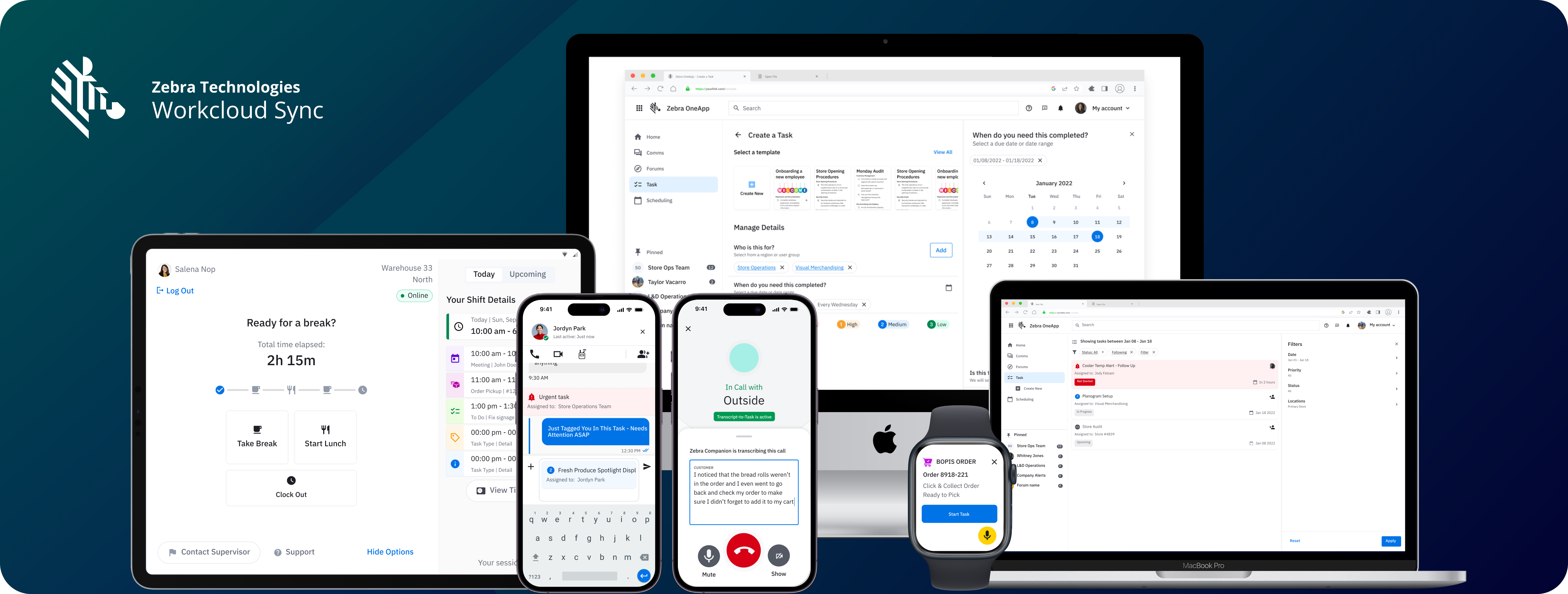 A group of devices: Tablet, Desktop, Mobile Devices, Wearables, Laptop, displaying different UI patterns for a task management and communication tool.