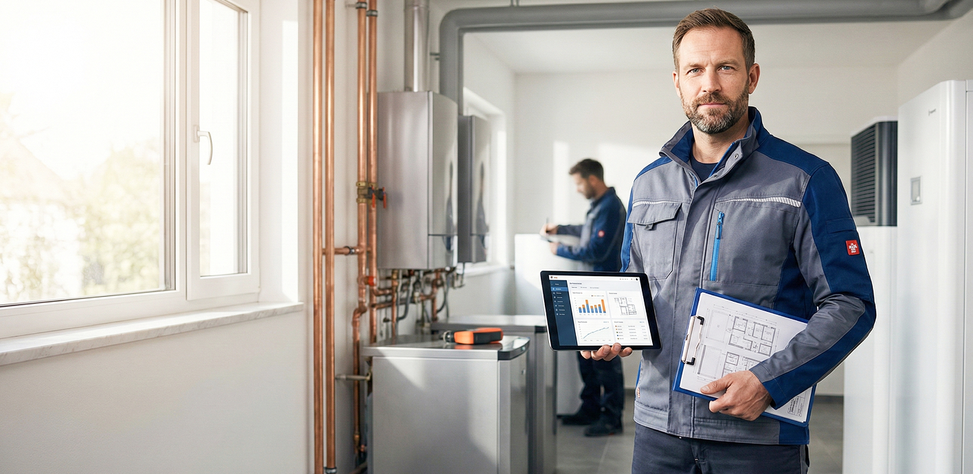 Ein SHK Unternehmer von montamo hält ein iPad und ein Klemmbrett