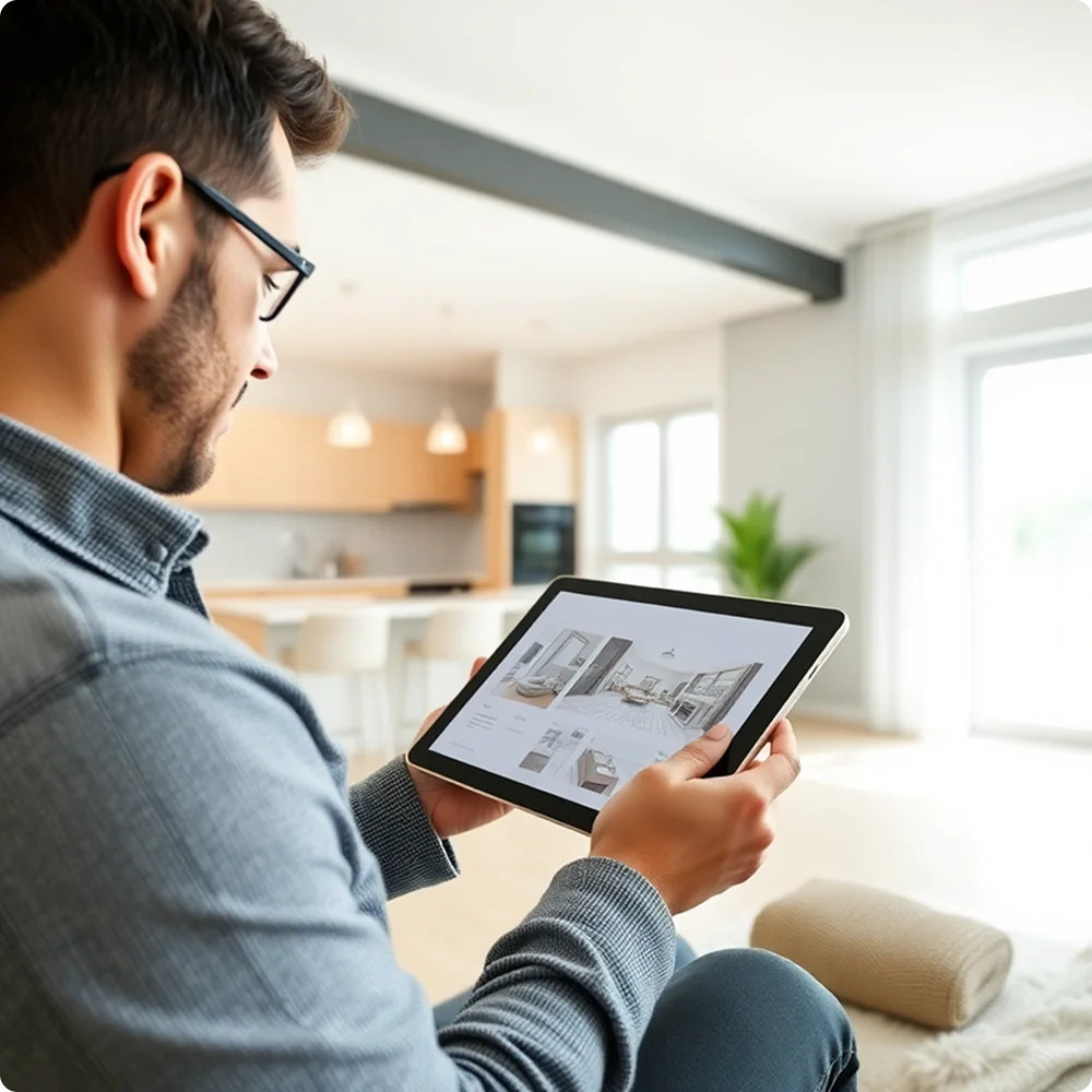 Man in glasses holding tablet displaying home interior design plans in a bright, modern living room.