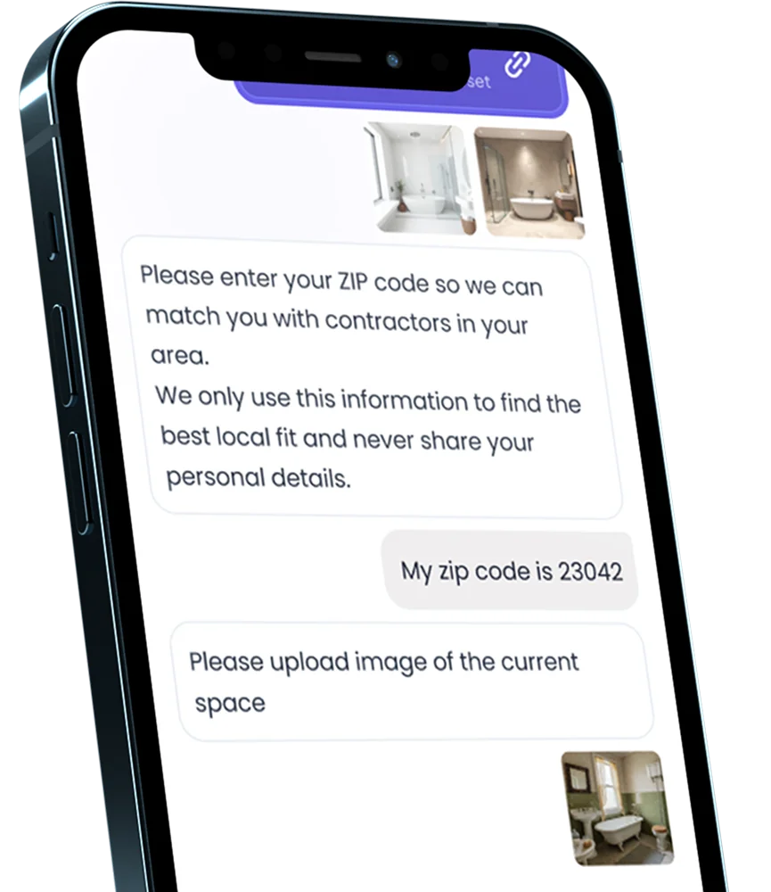 Smartphone screen displaying a chat interface requesting zip code and image upload with bathroom photos shown.