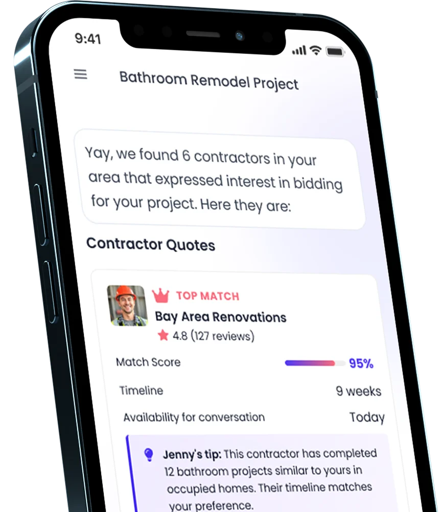 Smartphone screen showing a project app with contractor quotes for a bathroom remodel, highlighting Bay Area Renovations as the top match with a 95% match score and 9-week timeline.