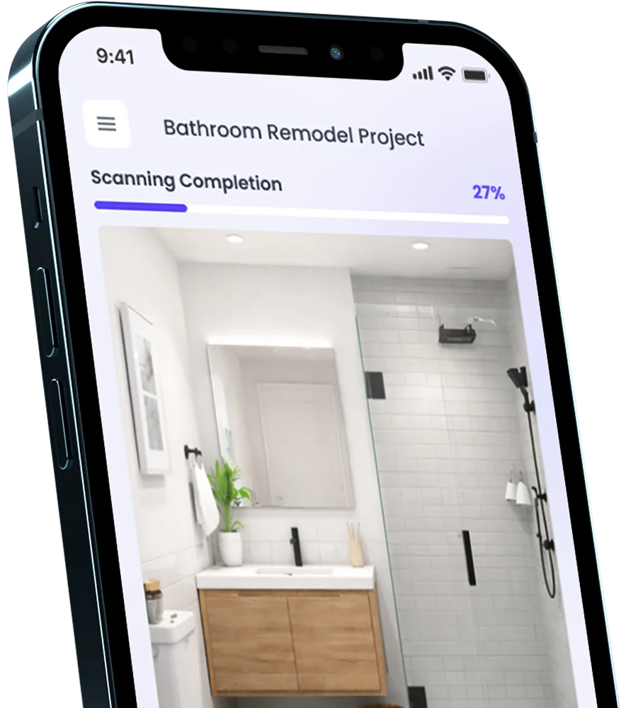 Smartphone screen displaying a Bathroom Remodel Project app with scanning completion at 27% and an image of a modern bathroom with wood vanity and glass shower.