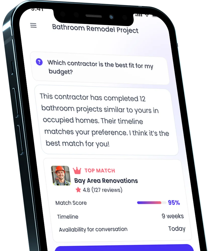 Phone screen showing a bathroom remodel project app recommending 'Bay Area Renovations' as the top match with a 95% match score, 9-week timeline, and availability today.
