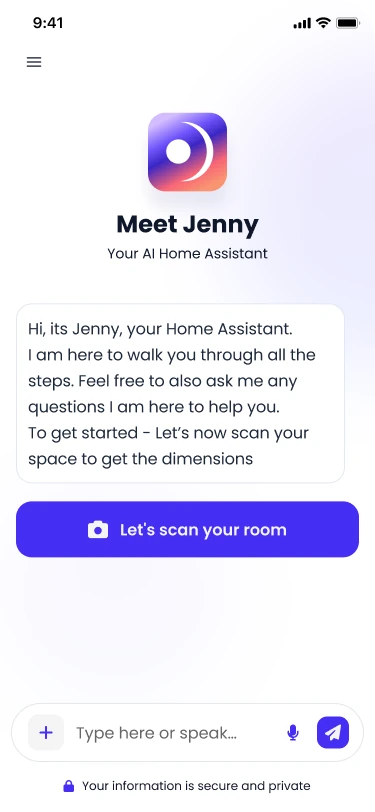 Mobile screen showing Meet Jenny app with AI home assistant introduction and a button labeled 'Let's scan your room.'