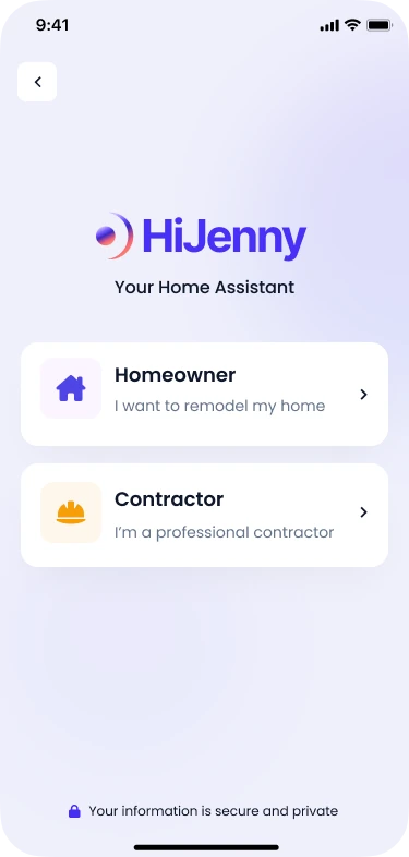 HiJenny app screen with options to choose Homeowner to remodel home or Contractor as a professional contractor, plus security note at bottom.