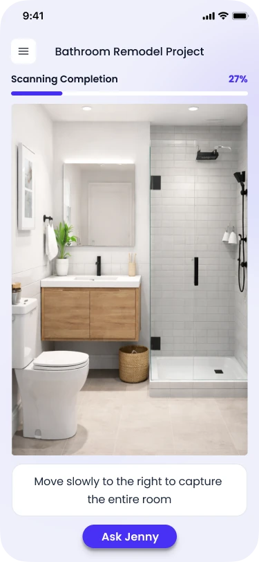 Mobile app screen showing a bathroom remodel project with 27% scanning completion, featuring a modern bathroom with a wooden vanity, toilet, and glass shower.