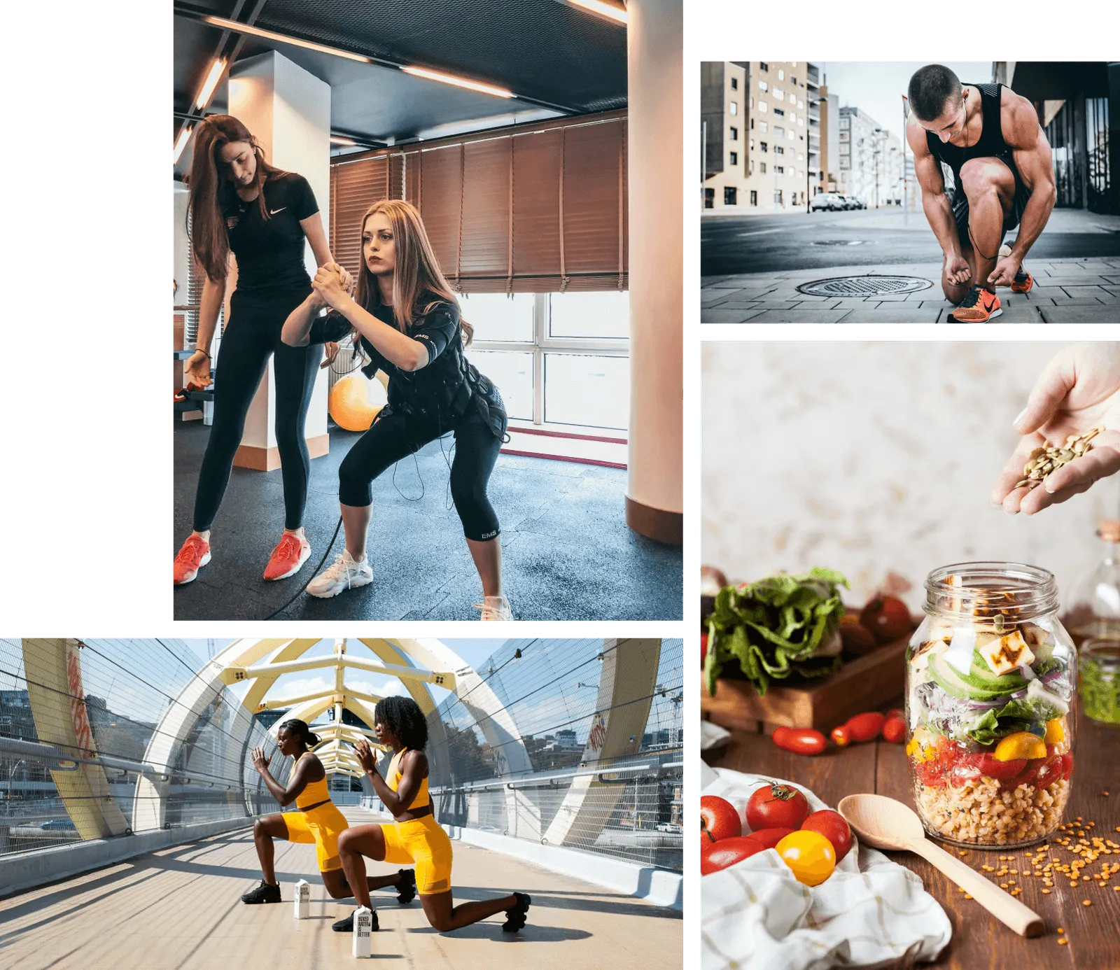 Multiple images of fitness training and nutrition