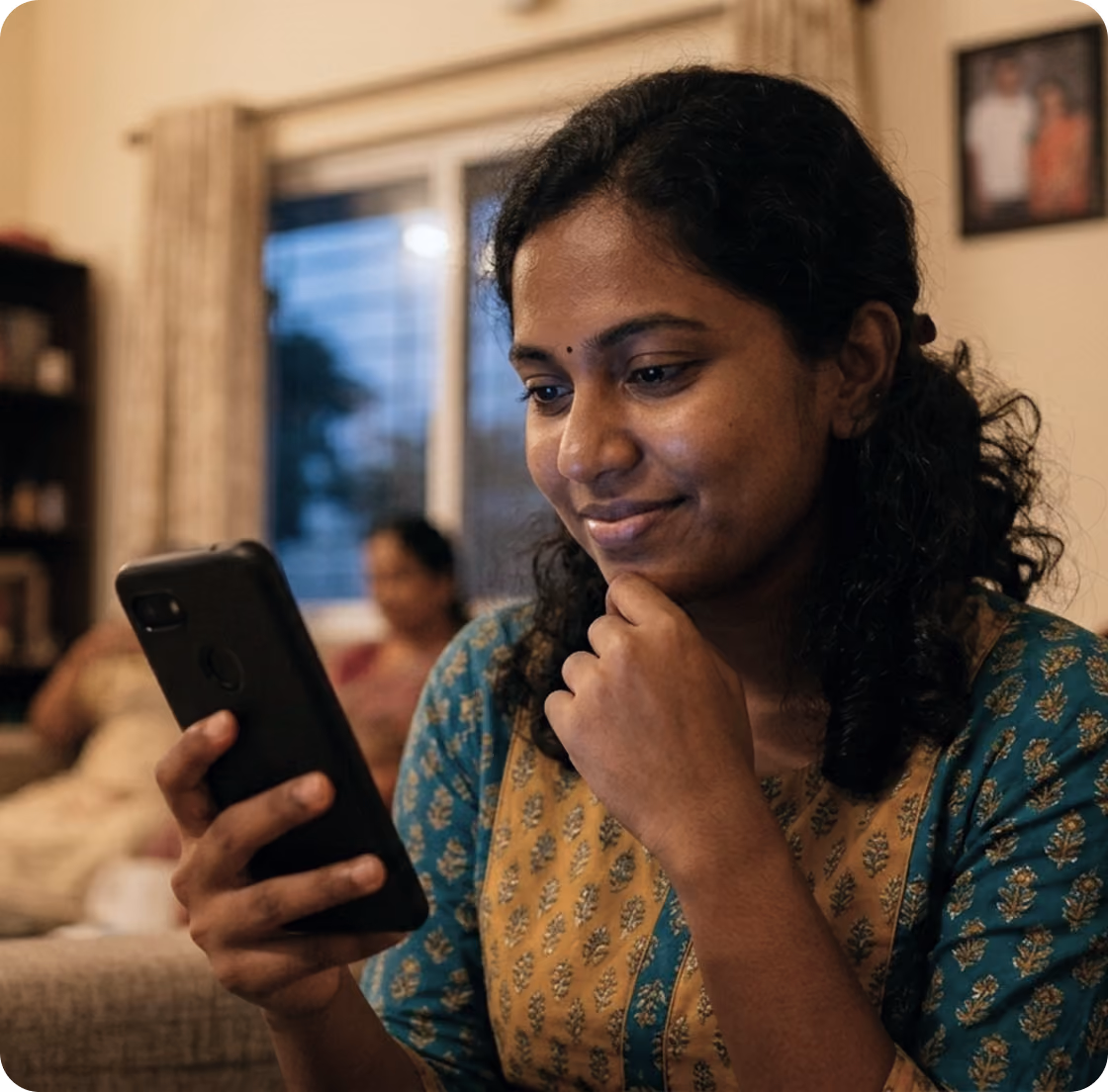 Woman checking travel loan details on mobile for vacation planning