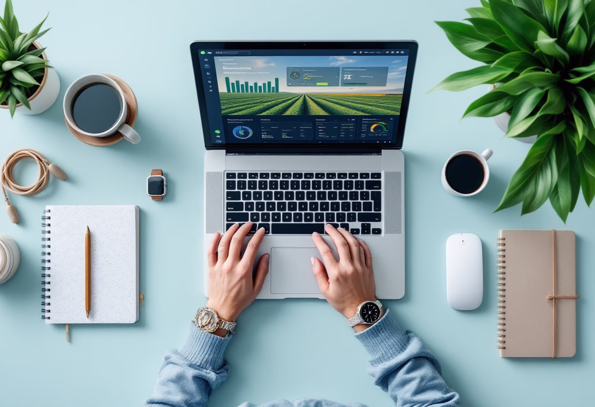 [background image] image of topdown photo of desk with laptop (for a food and agtech)